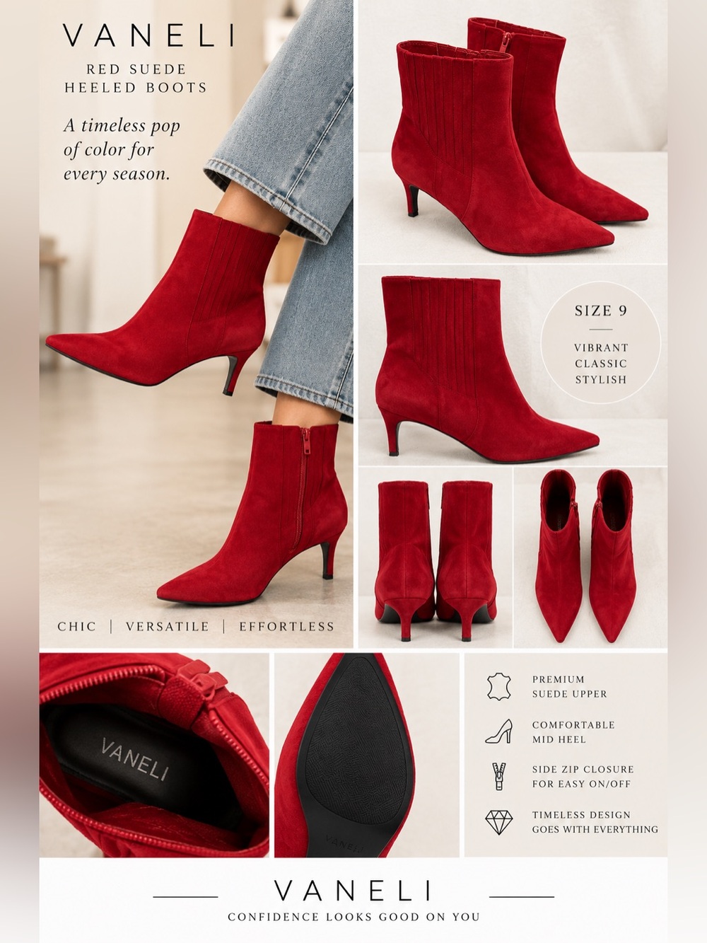 Vaneli Red Suede Pointed Toe Kitten Heel Ankle Boots Size 9 NWOT